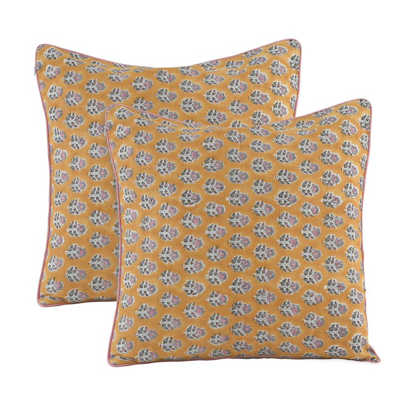 Indian Hand Block Printed Cotton Throw Pillow Cover for Farmhouse, Preppy, Boho, Home Décor, Floral, Decorative Couch Pillow- Citrine Yellow