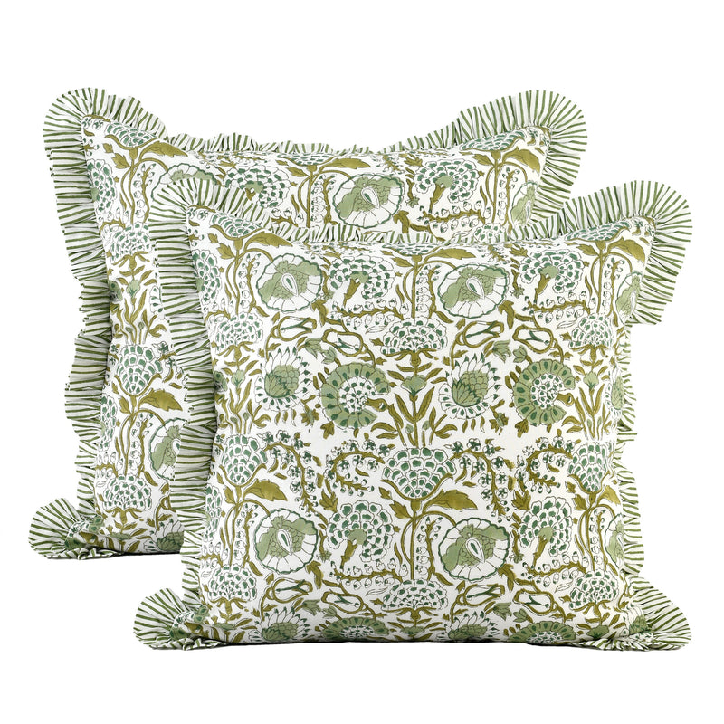 CPC Agate Green Cotton Block Print Ruffle Throw Pillow Covers for Couch, Decorative Couch Pillows for Living Room, Boho Floral Cover