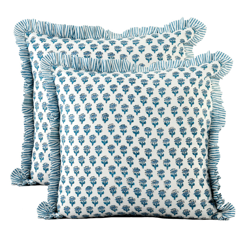 CPC Apatite Blue Cotton Block Print Ruffle Throw Pillow Covers for Couch, Decorative Couch Pillows for Living Room, Boho Floral Cover