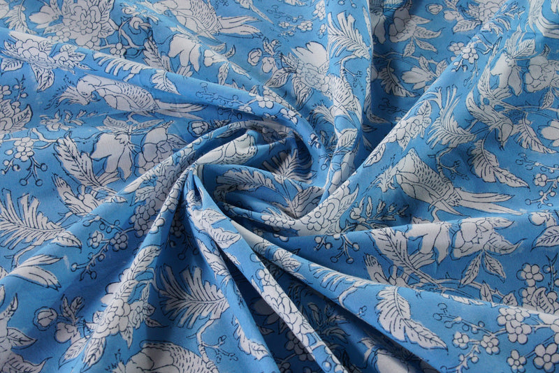 Hand Block Print Indian Cotton Fabric- Blue Sapphire for Dress Curtain Pillow Cover Bags- Wedding Farmhouse Housewarming Restaurant - Floral