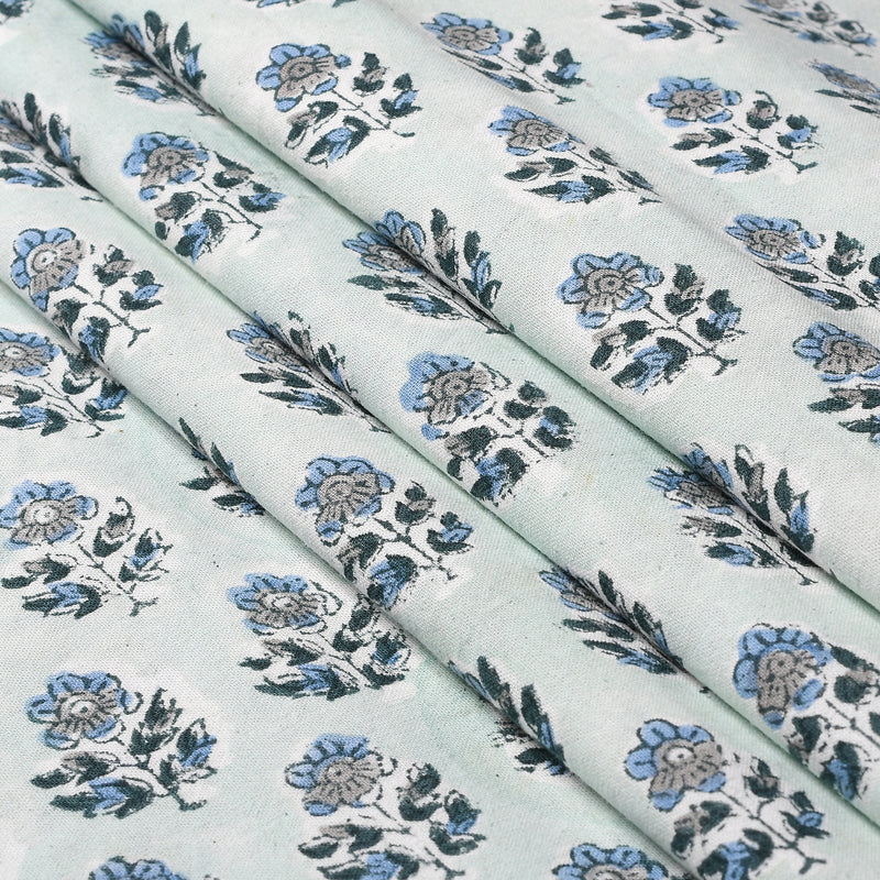 Hand Block Print Indian Cotton Fabric- Poppy Blue for Dress Curtain Pillow Cover Bags- Wedding Farmhouse Housewarming Restaurant - Floral