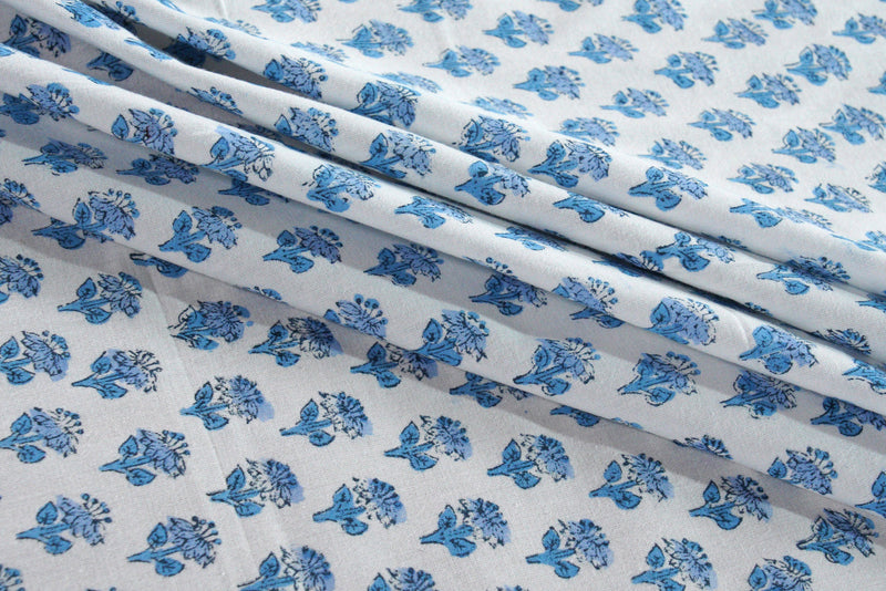 a close up of a blue and white flowered fabric