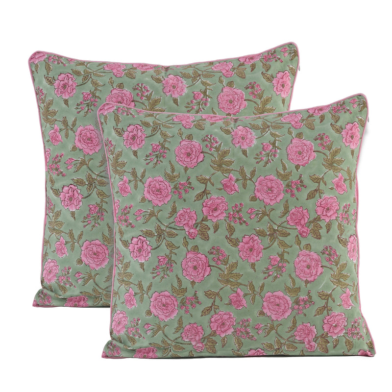 Indian Hand Block Printed Cotton Pillow Cover for Farmhouse, Preppy, Boho, Home Décor, Floral, Decorative Couch Pillow- Pink Tourmaline