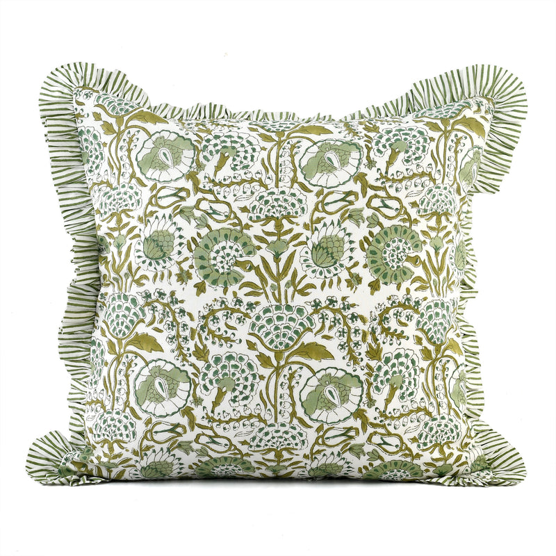 CPC Agate Green Cotton Block Print Ruffle Throw Pillow Covers for Couch, Decorative Couch Pillows for Living Room, Boho Floral Cover