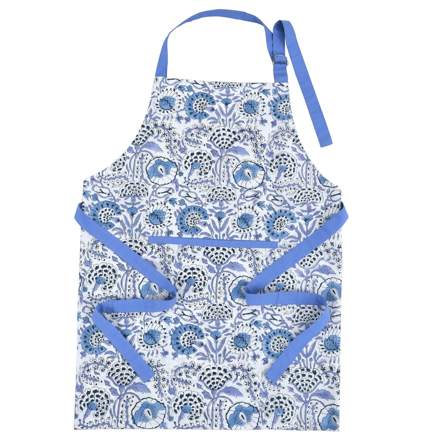 Cotton Block Print Kitchen Apron – Adjustable Neck & Long Ties