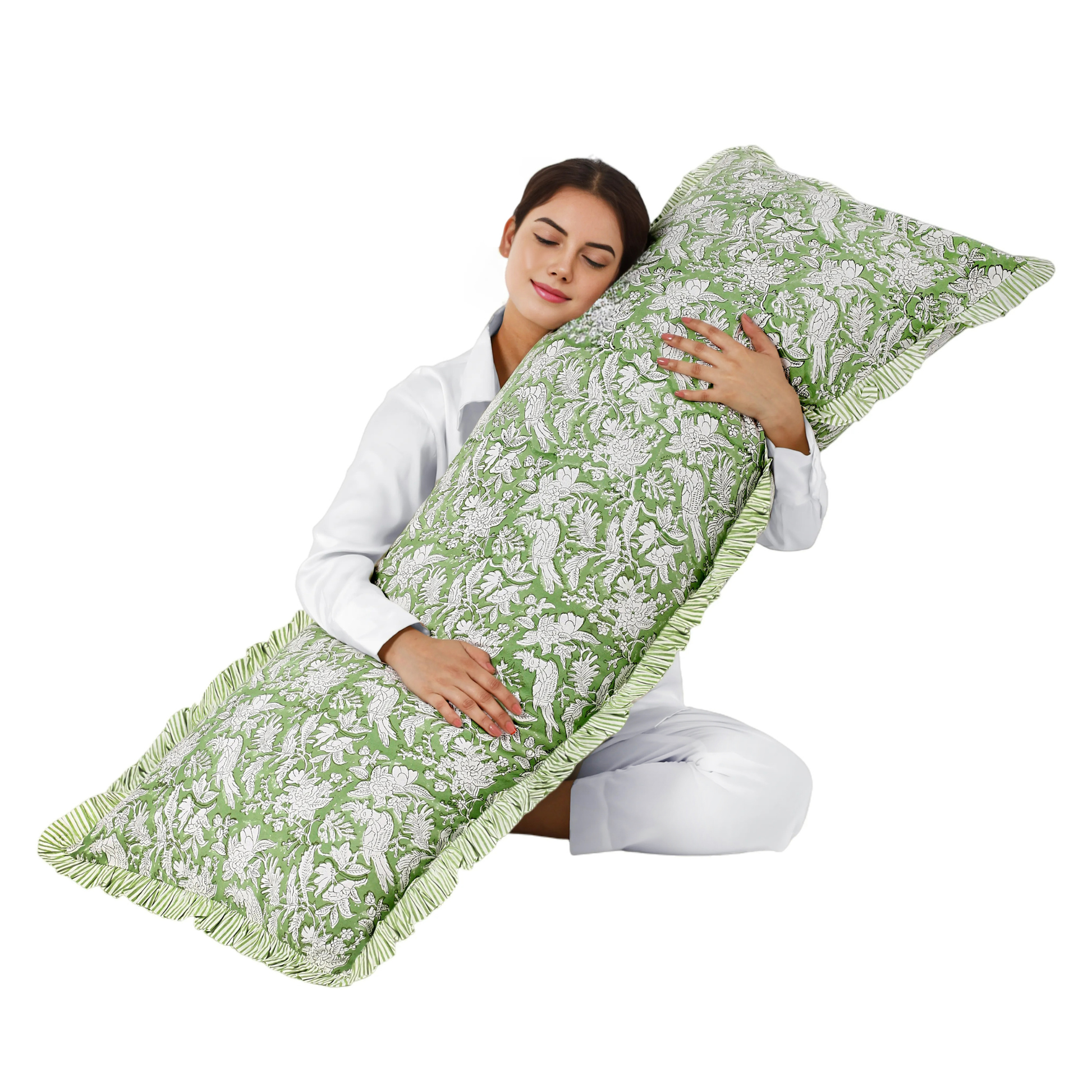 Green block print body pillow cotton cover with floral pattern