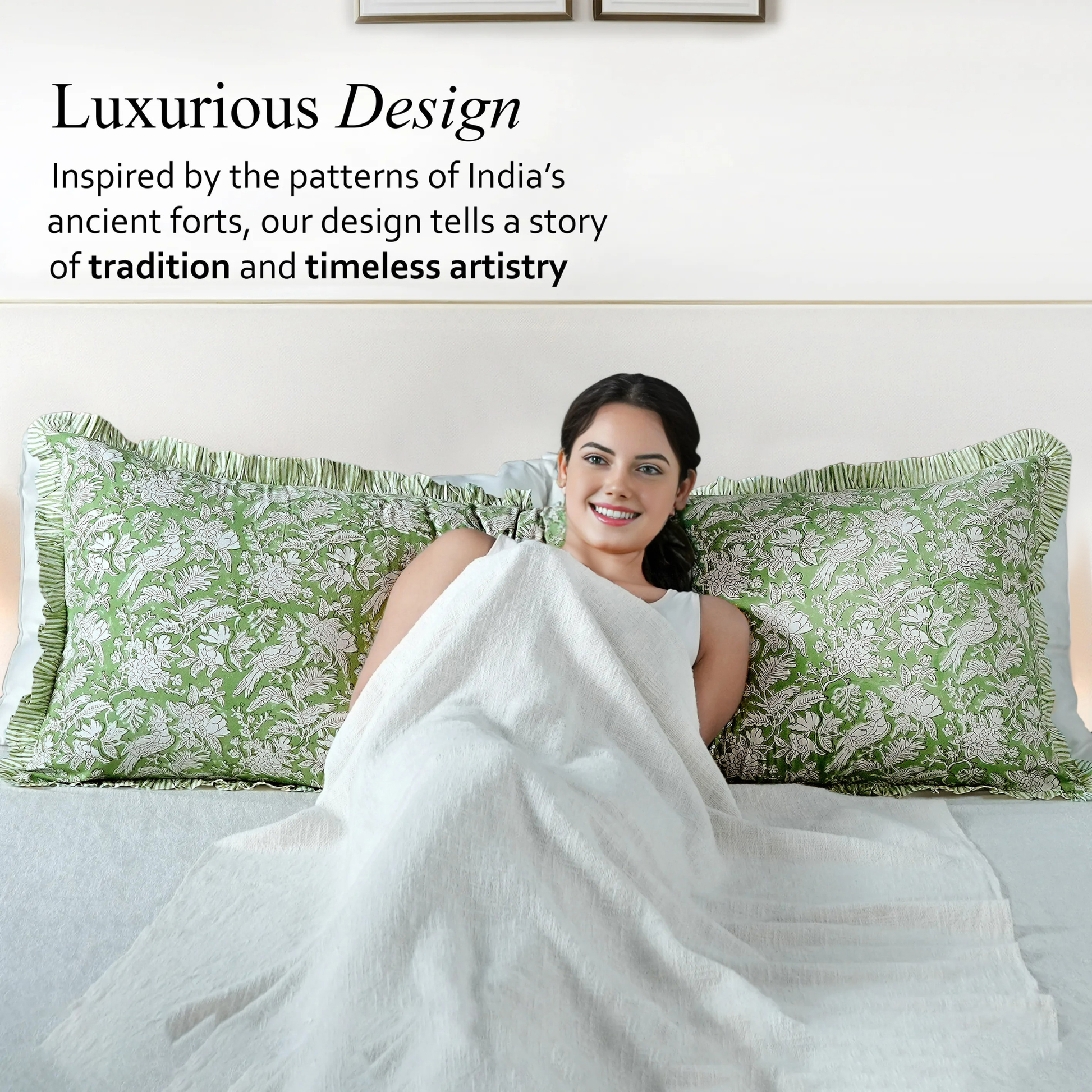 Artisan hand printing green floral pattern on cotton pillow cover