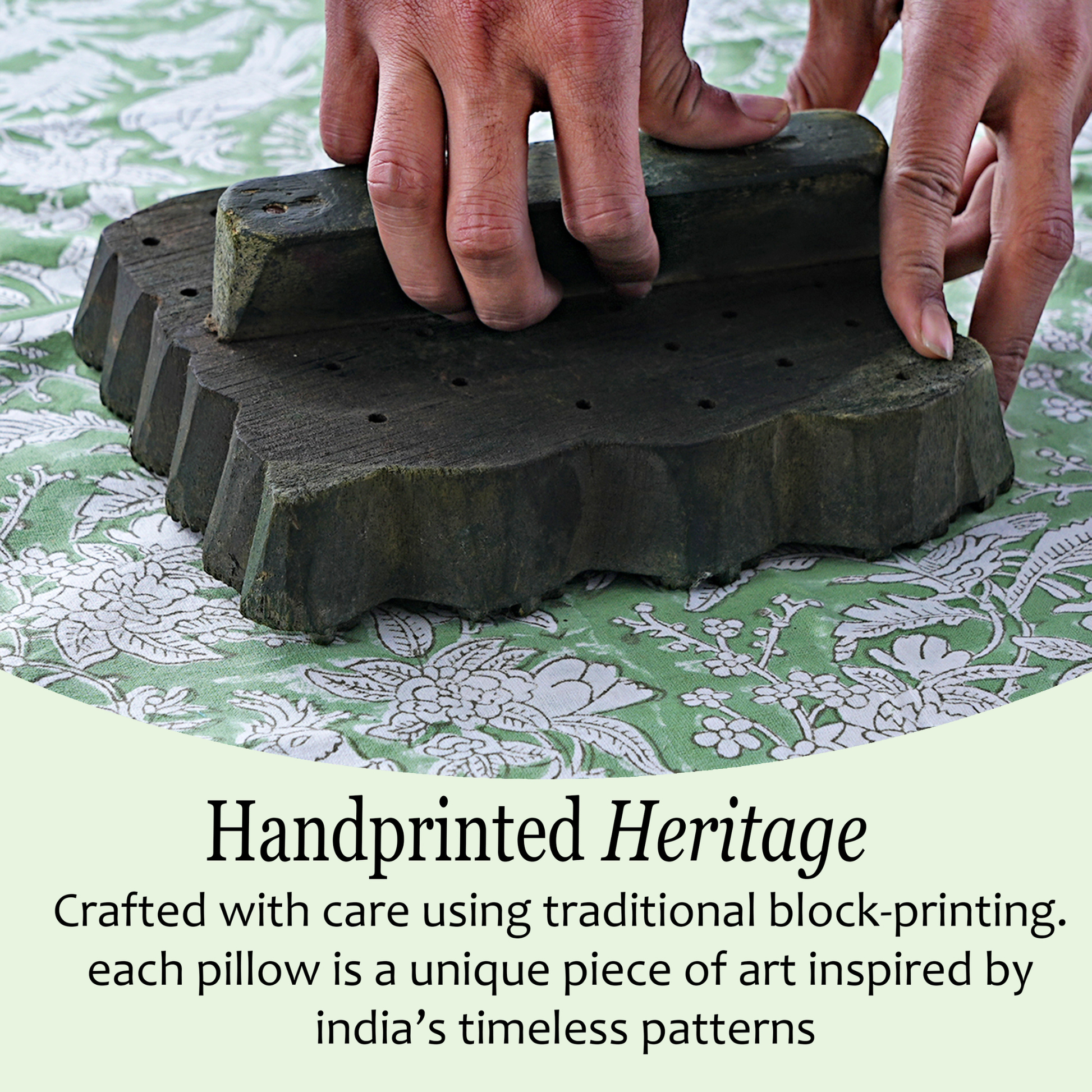 Artisan hand printing green floral pattern on cotton pillow cover