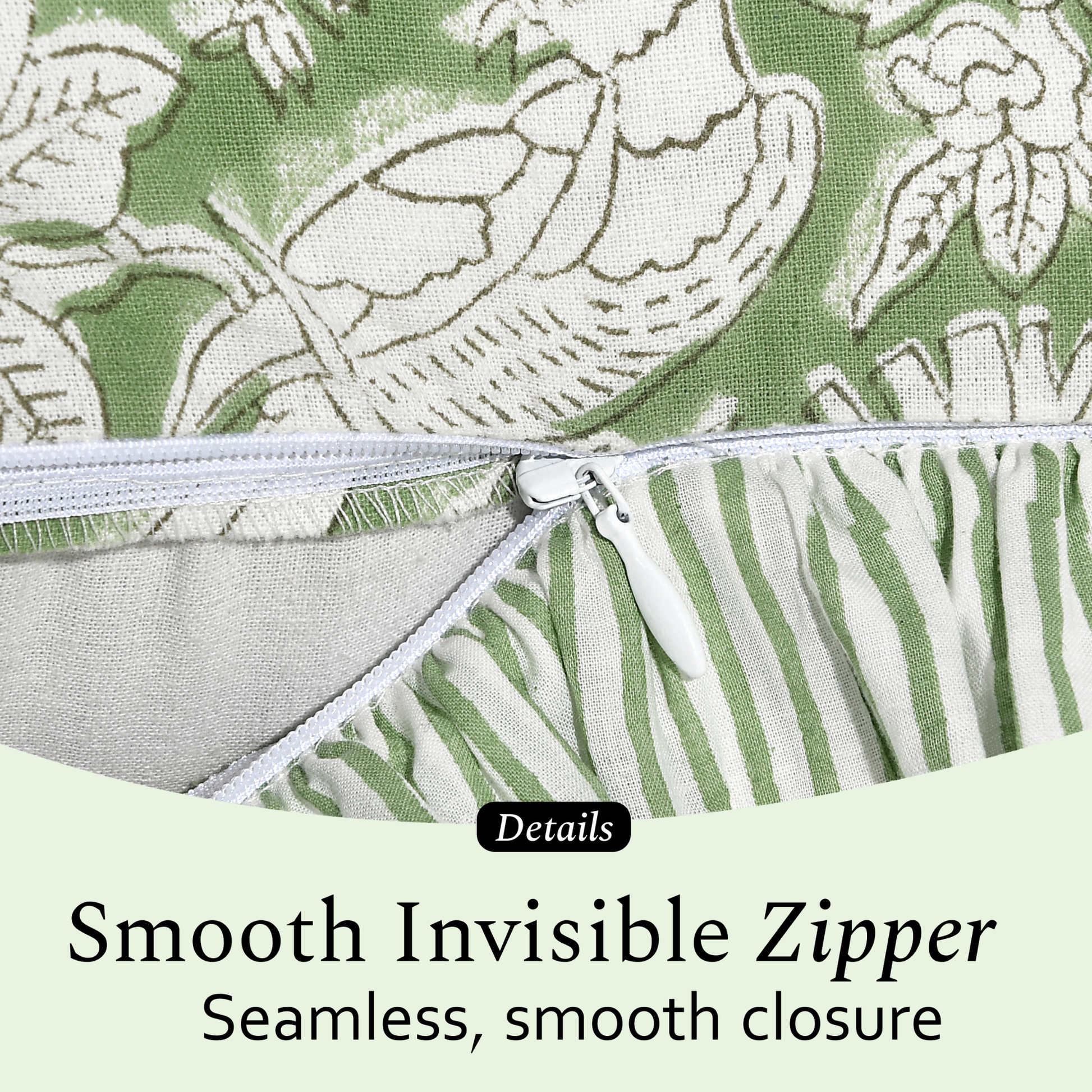 Invisible zipper detail on green floral pillow cover cotton fabric