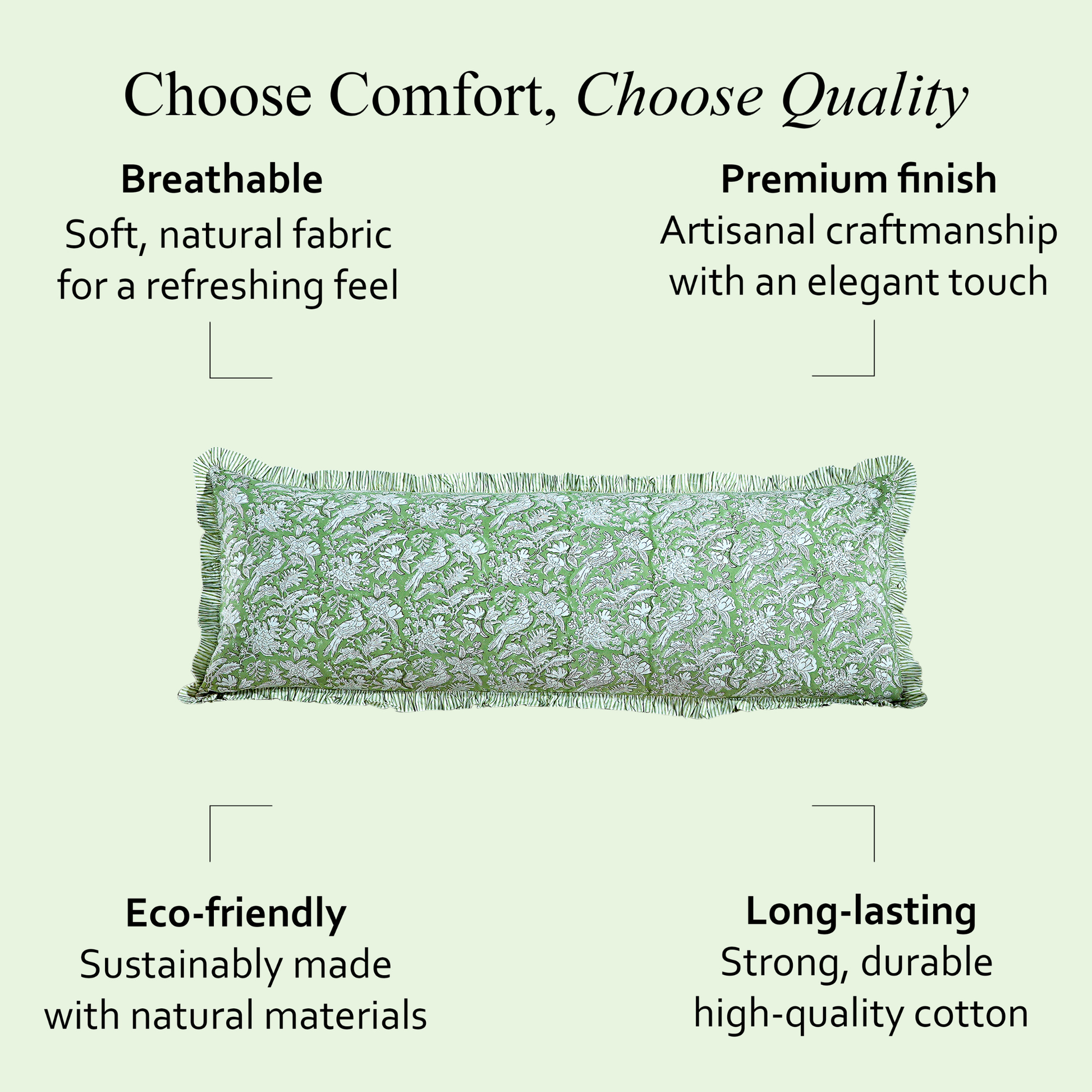 Green block print body pillow cotton cover on soft green background