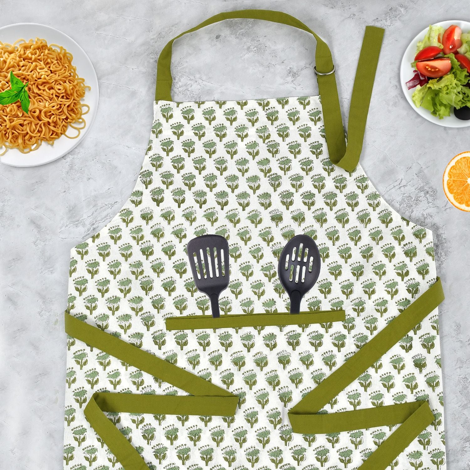 Elegant green and white floral kitchen apron with pockets