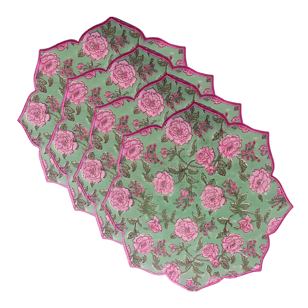 Pink tourmaline scalloped cotton placemat with delicate embroidery