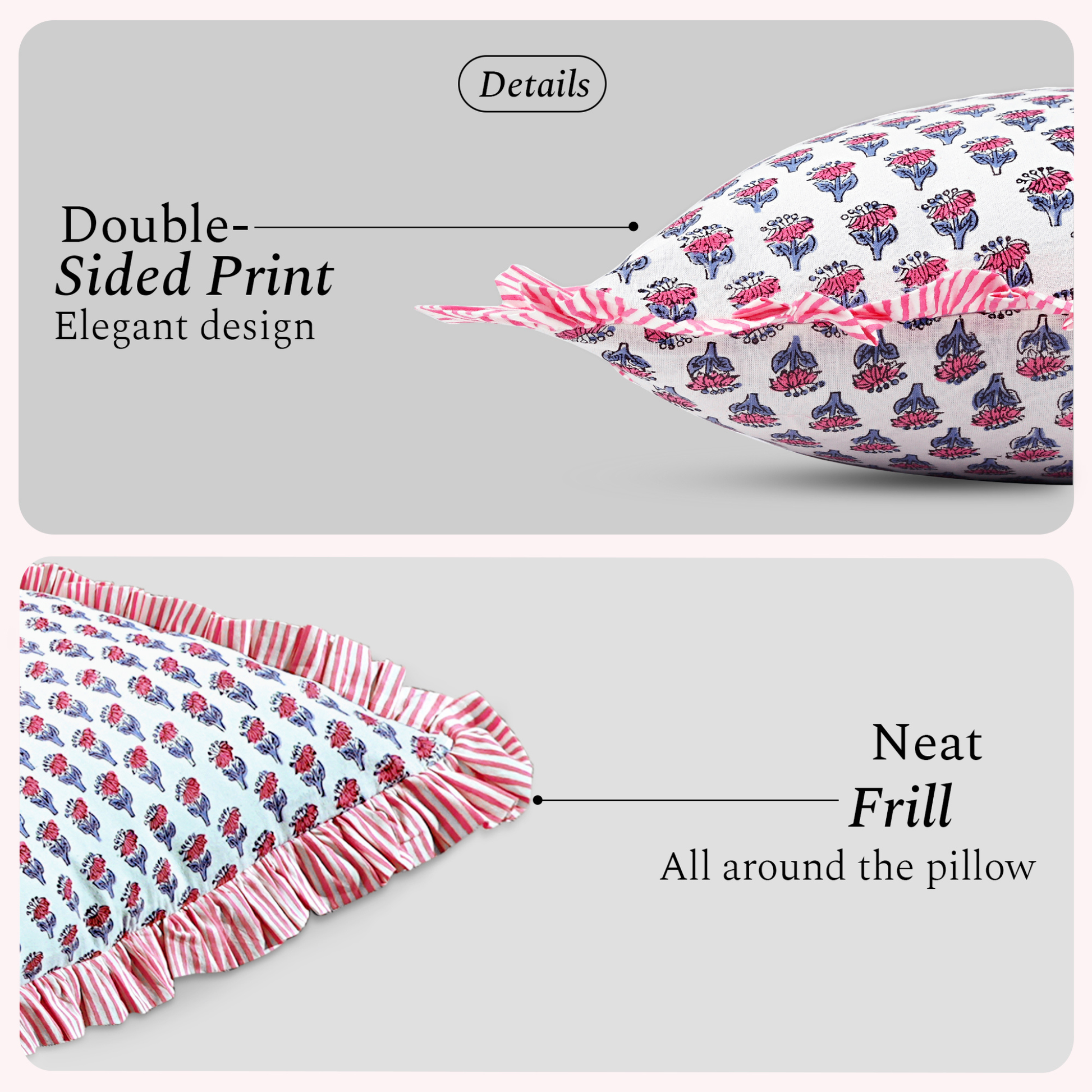 Close-up of pink floral bolster pillow with piped edge detail