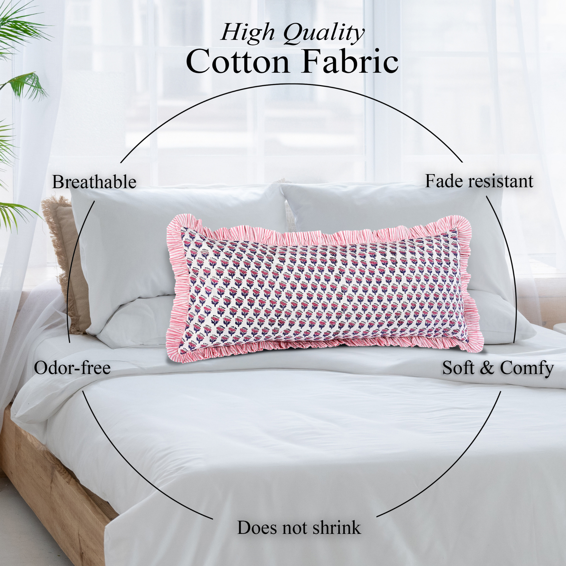 Cotton block print bolster pillow on white bedding: breathable, odor free, does not shrink, soft and comfy, fade resistant
