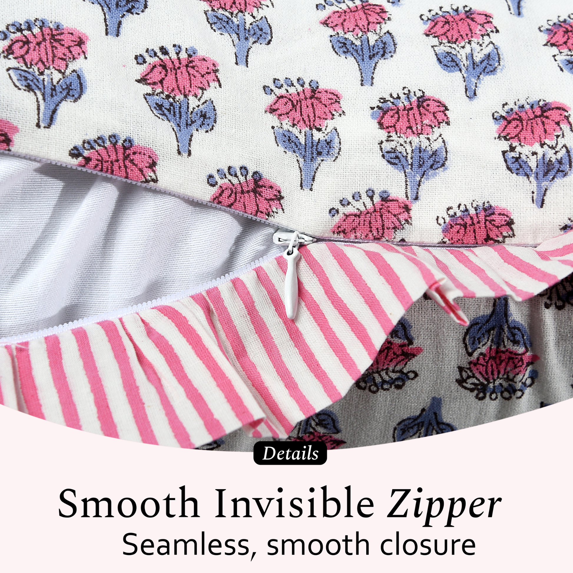 Invisible zipper detail on cotton bolster pillow cover