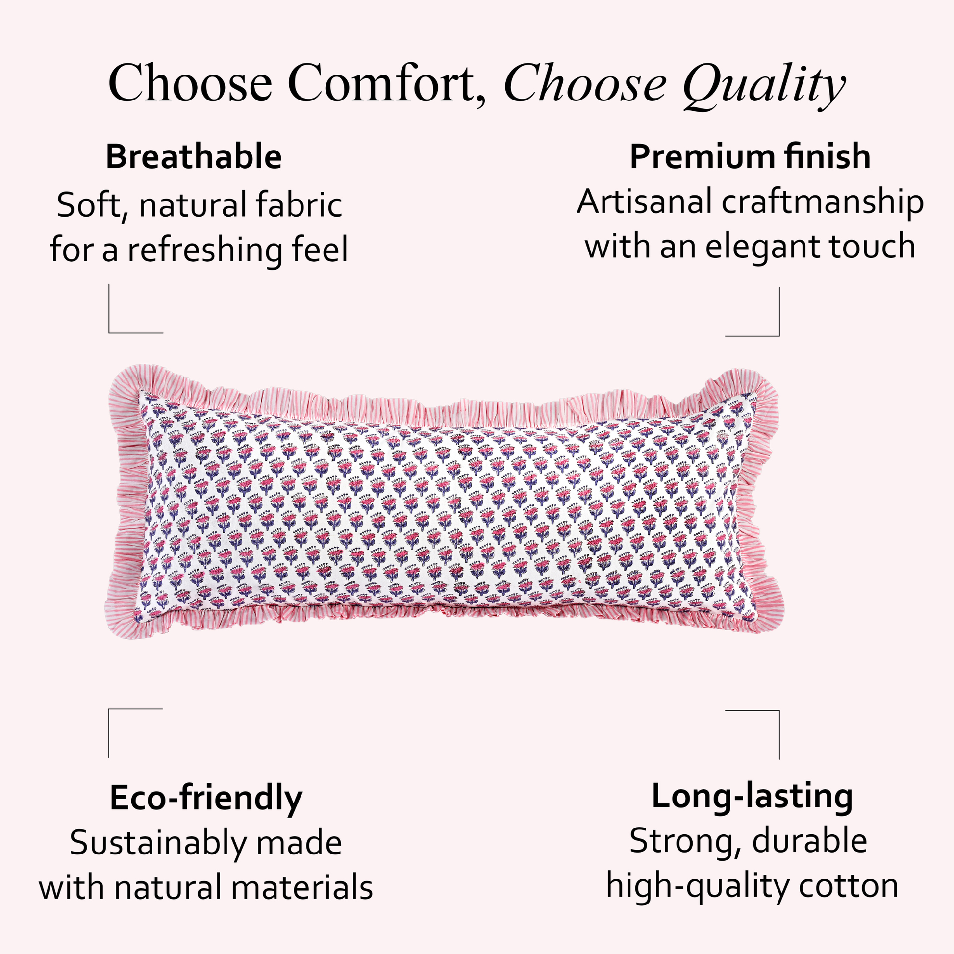 Pink floral bolster pillows on soft pink background: eco-friendly, long-lasting