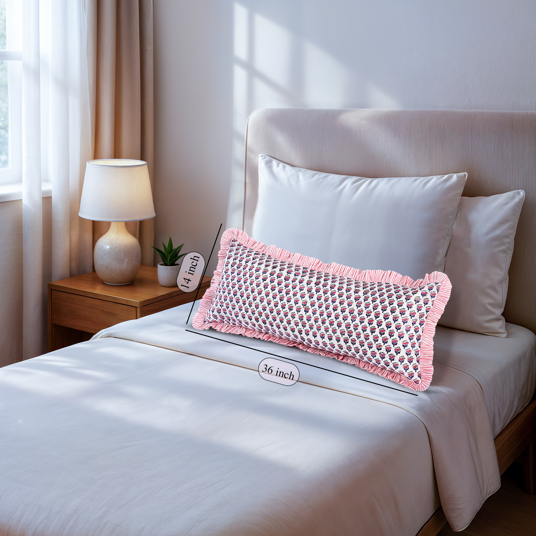 Pink floral bolster pillows dimensions on white bed cotton cushion covers