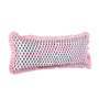 Bohemian pink block print bolster pillow with ruffle trim on white background