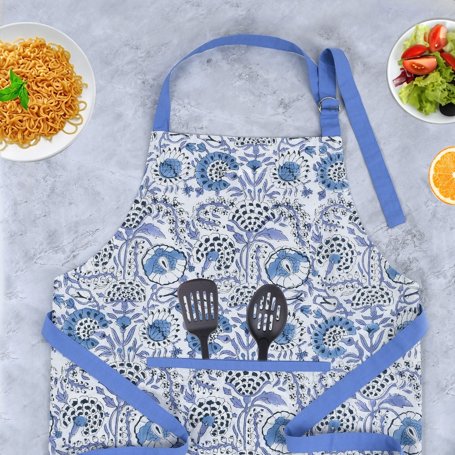 Cotton Block Print Kitchen Apron – Adjustable Neck & Long Ties