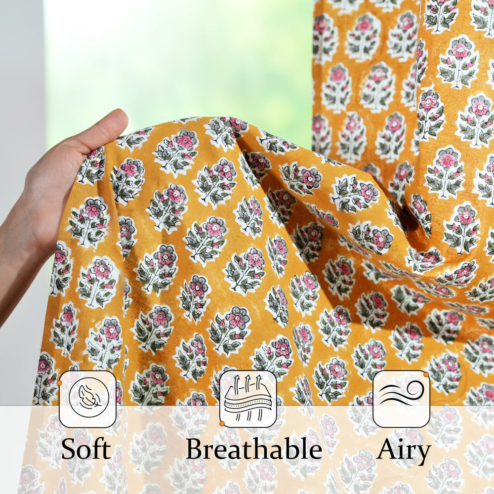Semi-Sheer Cotton Block Print Curtains - Yellow Citrine