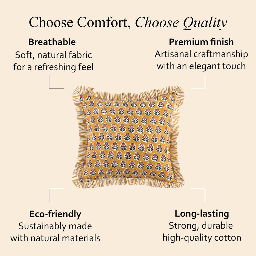 Yellow floral pillow with beige fringe trim displayed against a soft beige background showing fabric details