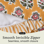 Close-up of a smooth invisible zipper on a decorative pillow cover with floral block print fabric